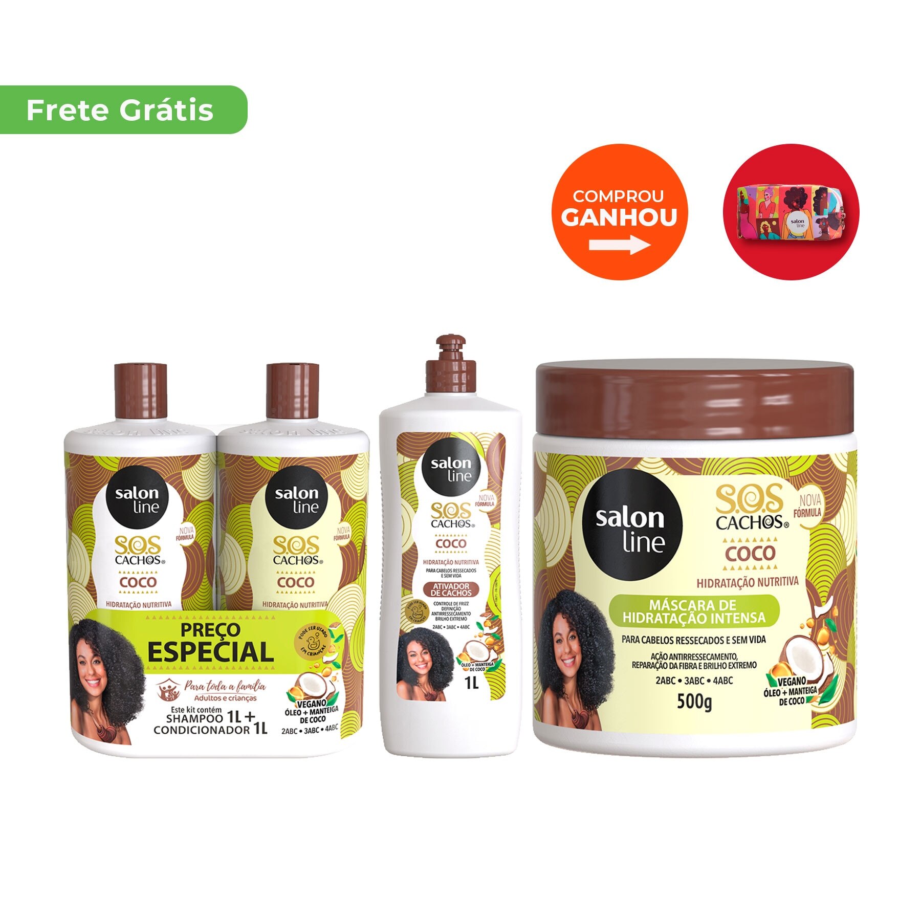 Kit Com Ativador De Cachos Mascara De Hidratacao Shampoo E Condicionador Sos Cachos Coco Salon Line